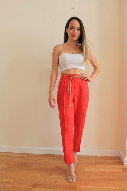 Gold Way Fashion Kadin Kemer Detayli Kirmizi Keten Pantolon Trendyol