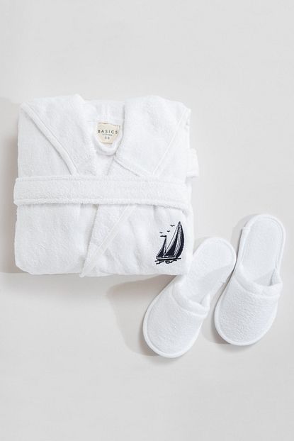 Basics By Chakra Yelken Desenli Cocuk Bornoz Seti Beyaz Trendyol