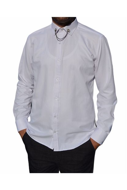 R Germen Erkek Beyaz Zincir Yaka Slim Fit Gomlek Trendyol