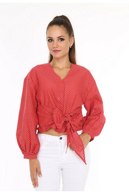 Her Mod A Bir Moda Kadin Kirmizi Puantiyeli On Baglamali Bluz Trendyol