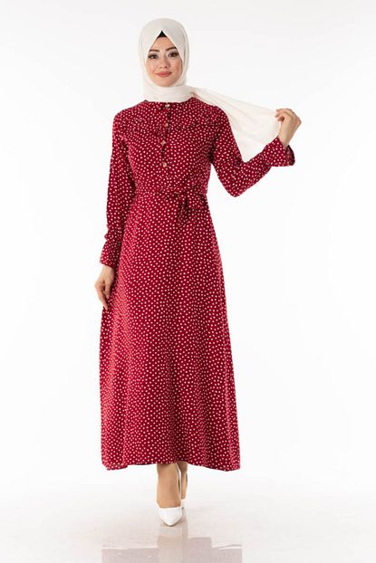 Tp Tesettur Pazari Kadin Bordo Puantiyeli Tesettur Elbise Khs3345 2 Trendyol