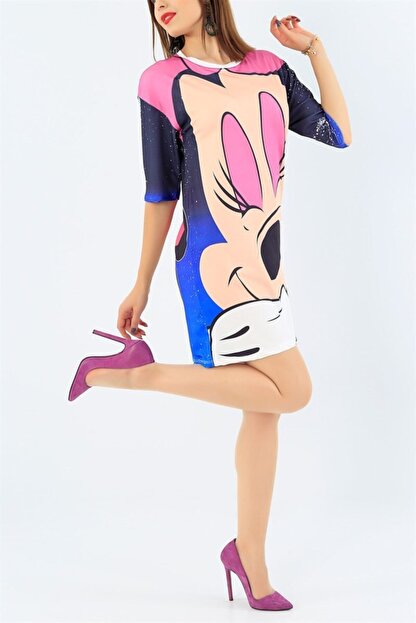 Lovebox Kadin Renkli Disney Baskili Likrali Gunluk Elbise Tunik Elbise Trendyol