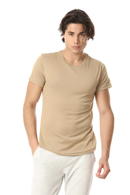 Basicrafta Erkek Bej Zara Kumas Bisiklet Yaka T Shirt Trendyol