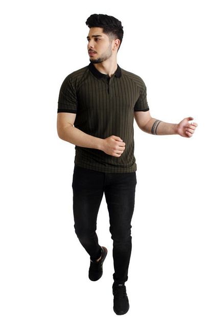 Stil Kombin Erkek Haki Ince Dikey Cizgili Polo Yakali Tisort Trendyol