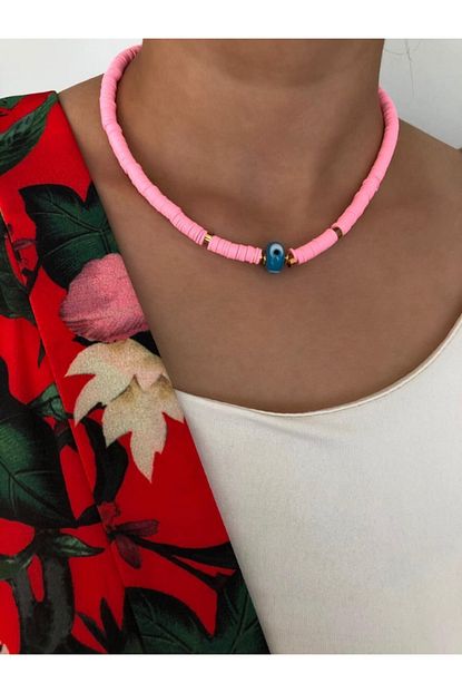 Mathilda Aksesuar Yeni Trend El Yapimi Pembe Fimo Cam Boncuklu Kolye Trendyol