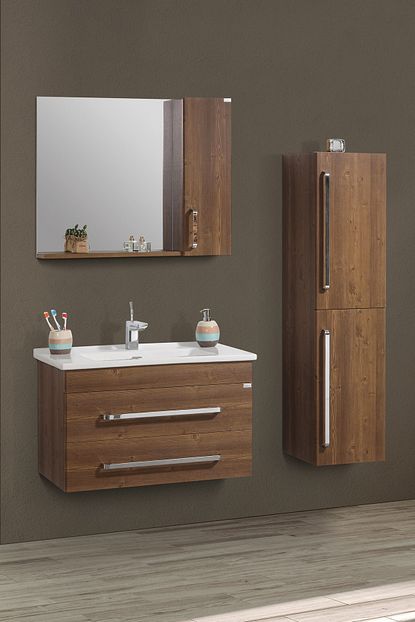 Tekoplus Kahverengi Banyo Dolabi Takimi 80 Cm Rustik Riva Trendyol