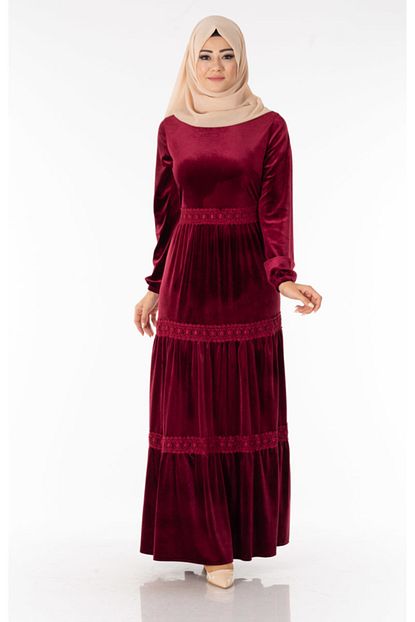 Tp Tesettur Pazari Gupur Detayli Kadife Bordo Tesettur Elbise Hks4067 4 Trendyol