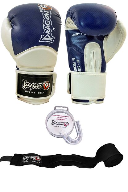 carbon 5 mavi beyaz renk boks eldiveni 10 oz bandaj siyah renk ve dislik 3 lu set
