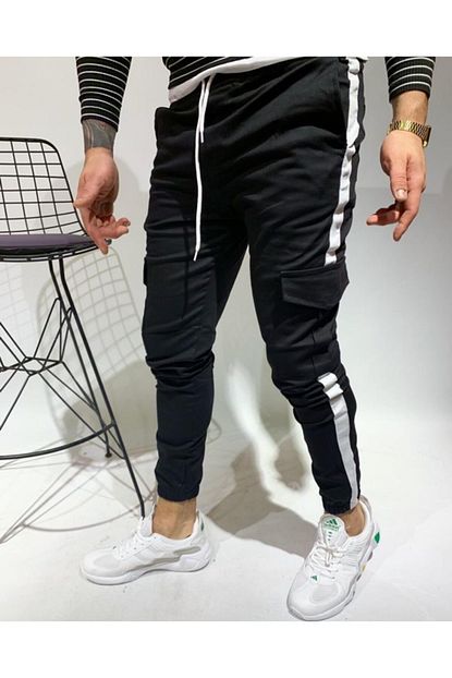 Ukdwear Erkek Siyah Zoom Yandan Cizgili Kargo Cep Pantolon Trendyol