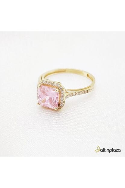 Pembe Tasli Yuzuk Sari 14 Ayar Altin