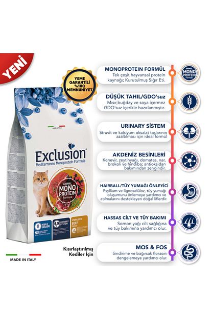 exclusion dusuk tahilli monoprotein sigir etli kisirlastirilmis kedi mamasi 12 kg fiyati yorumlari trendyol