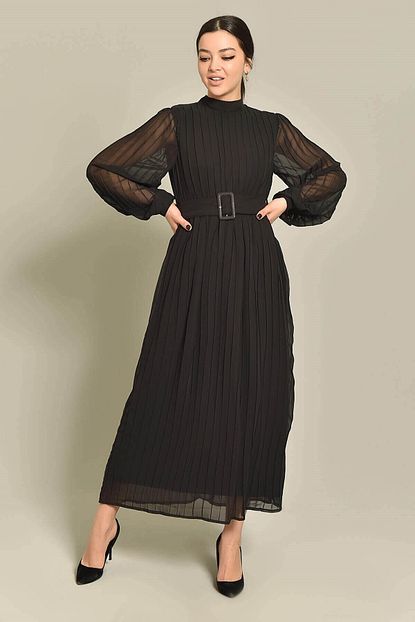 modakapimda siyah piliseli uzun sifon elbise fiyati yorumlari trendyol