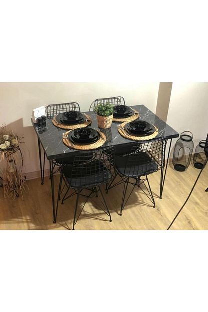avvio sera 4 kisilik yemek masasi takimi mutfak masasi takimi balkon masa takimi siyah mermer desenli fiyati yorumlari trendyol