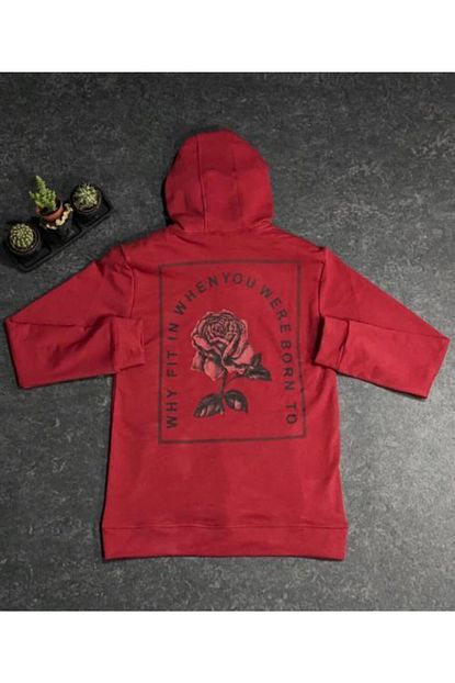 Mostra Bordo Erkek Kapusonlu Kanguru Cepli Uzun Kollu Gul Desenli Basic Sweatshirt Trendyol