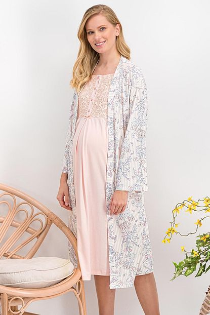 Arnetta Kadin Wild Flower Krem Somon Hamile Lohusa Gecelik Sabahlik Takim Ar850 S Trendyol
