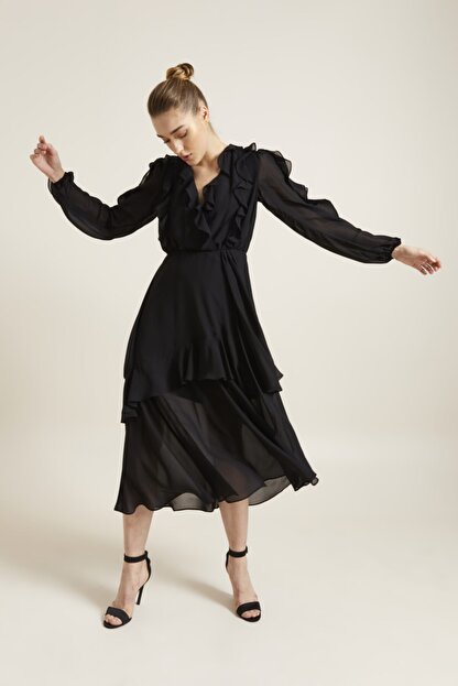 Adl Kadin Siyah Volanli Sifon Elbise Fiyati Yorumlari Trendyol