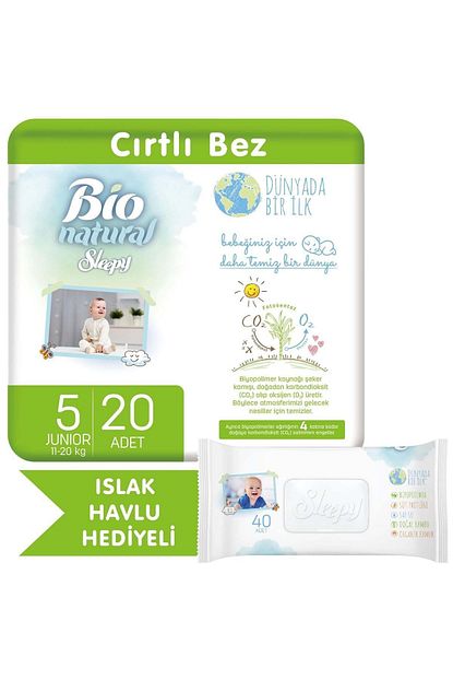 sleepy bio natural bebek bezi 5 numara junior 20 adet bio natural islak havlu hediyeli fiyati yorumlari trendyol
