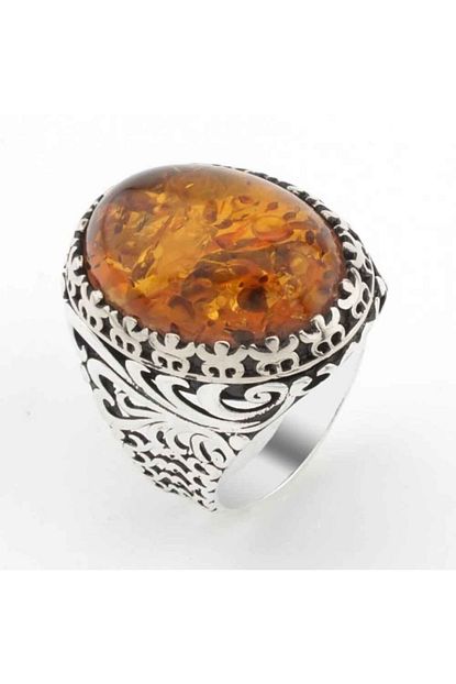 Takihan Buyuk Oval Kehribar Tasli Erkek Gumus Yuzuk Trendyol