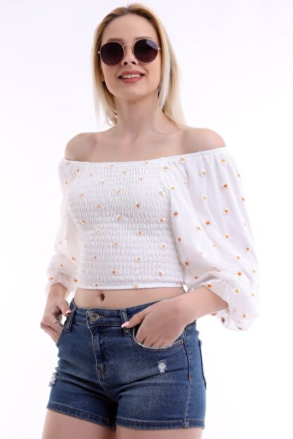 modata ozel tasarim kolu tul kisa balon kol papatya islemeli tamami lastikli sik crop kisa bluz fiyati yorumlari trendyol