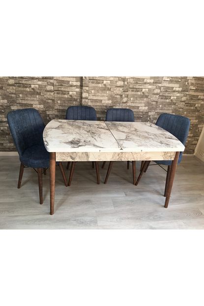 ipek home yemek masa takimi beyaz mermer desenli acilir masa ve mavi sandalye fiyati yorumlari trendyol