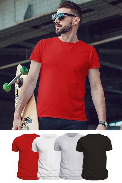 kirmizi siyah beyaz gri melanj 4 lu set basic erkek tshirt tisort