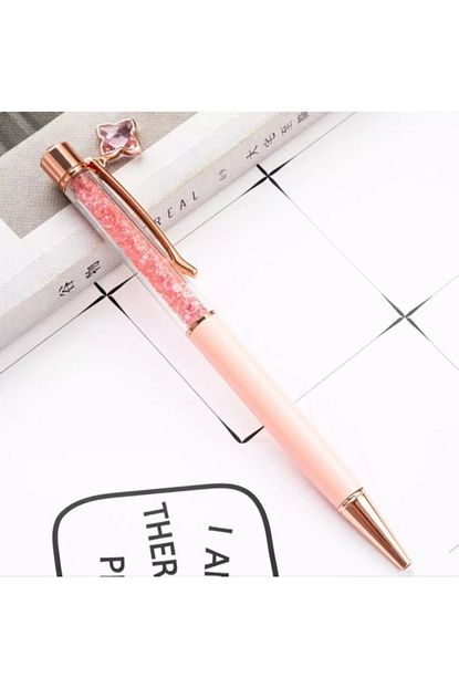 pembe kristal parcacikli rosegold tukenmez kalem