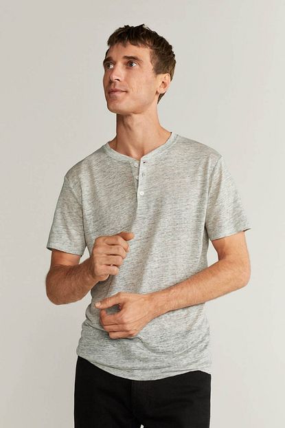 Mango Man Erkek Gri 100 Keten Henley Tisort 77050501 Trendyol