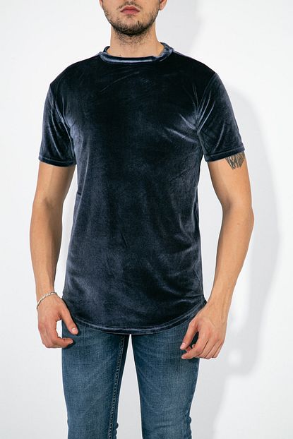 Mustafacinali Erkek Mavi Kadife Basic T Shirt Trendyol