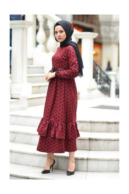 Tesettur Dunyasi Puantiyeli Tesettur Elbise Tsd6041 Bordo Trendyol