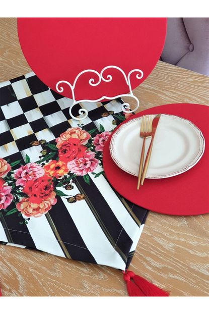 Else Home Collection Dama Cizgi Gullu Runner 2 Adet Kirmizi Supla Set Trendyol