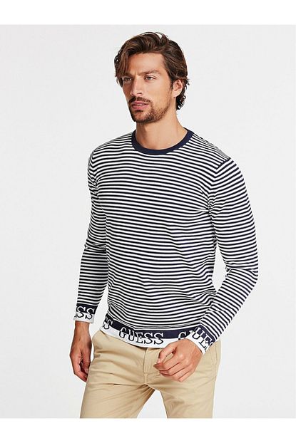 Guess Ls Rn Nat Siyah Gri Cizgili Erkek Sweatshirt Trendyol