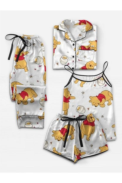 Pembishomewear 4 Lu Saten Pijama Seti Gomlek Yaka Winnie Pooh Ayi Trendyol