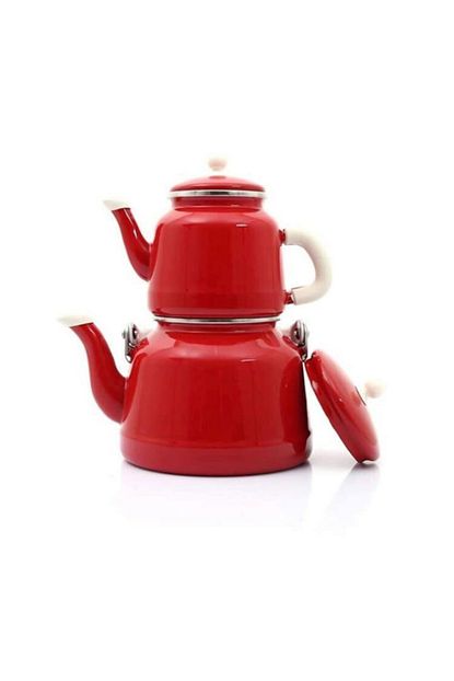 Yeni11 Kirmizi Vintage Emaye Caydanlik Kulplu Demlik Trendyol