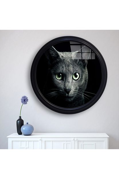 camli siyah cerceveli yesil kedi tablosu 48x48 cm