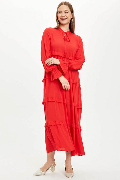 Defacto Kadin Modest Kirmizi Fifirli Dokuma Elbise R4118az 20sm Rd227 Trendyol