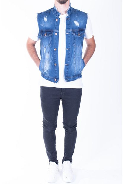 Zenet Jeans Erkek Mavi Slimfit Hakim Yaka Kot Yelek Trendyol