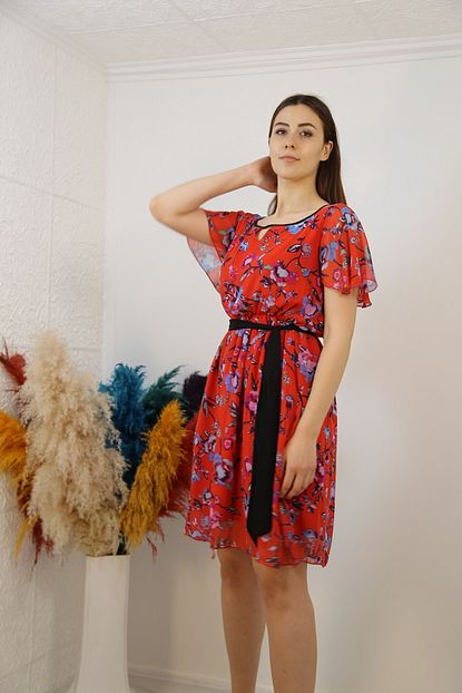 Goksel Kadin Kirmizi Cicekli Sifon Gunluk Elbise Trendyol