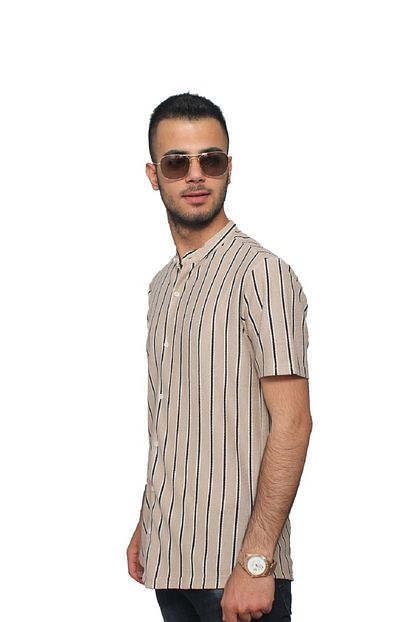 Marrakech Erkek Sutlu Kahverengi Siyah Cizgili Kisa Kollu Gomlek Trendyol