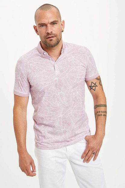 Defacto Erkek Pembe Yaprak Baskili Polo Yaka Slim Fit Tisort S2727az 20hs Pn47 Trendyol