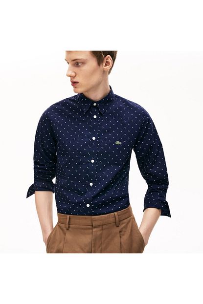 Lacoste Erkek Slim Fit Dugmeli Yaka Desenli Lacivert Beyaz Gomlek Trendyol