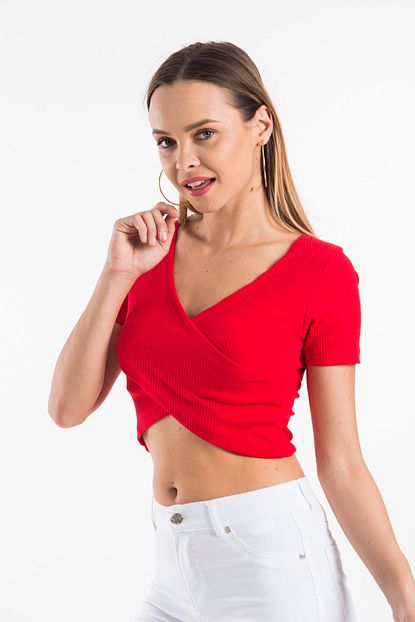 Citi Piti Kruvaze Yaka Kirmizi Crop Top Trendyol