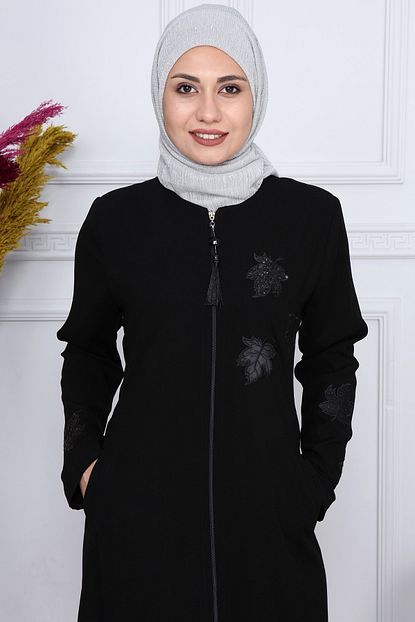 moda cizgi buyuk beden ferace gul baski detay 0103 siyah fiyati yorumlari trendyol