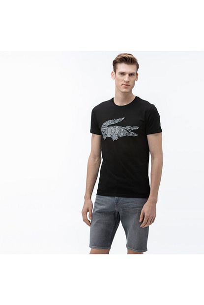 Lacoste Erkek Bisiklet Yaka Baskili Siyah T Shirt Th0027 Trendyol