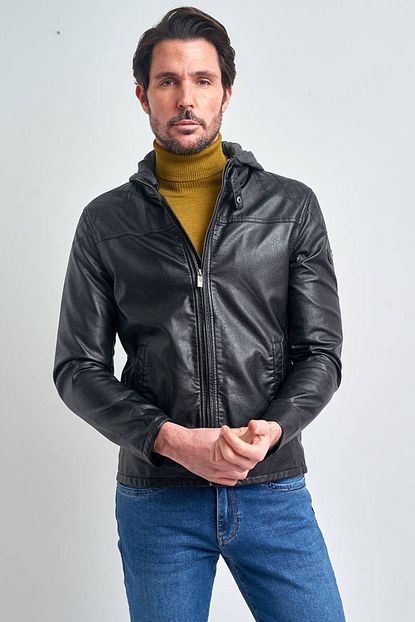 Pierre Cardin Erkek Siyah Kapsonlu Suni Deri Ceket Trendyol