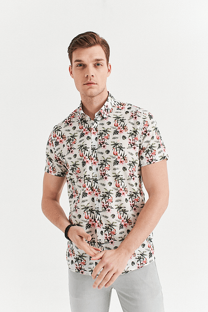 Avva Erkek Pembe Baskili Alttan Britli Yaka Slim Fit Kisa Kol Gomlek A01y2047 Trendyol