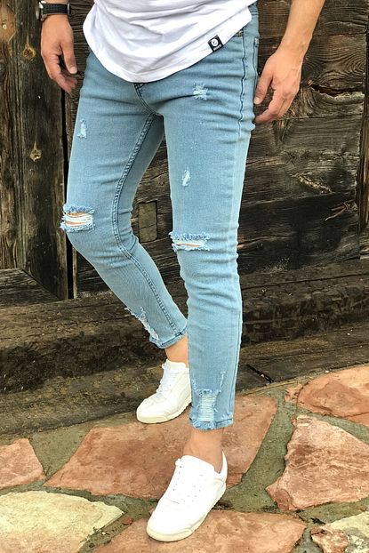 Dacollection Erkek Buz Mavisi Yirtik Detayli Kot Pantolon Trendyol