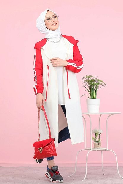 Mozalisa Kadin Kirmizi Beyaz Tesettur Kapsonlu Tunik Trendyol