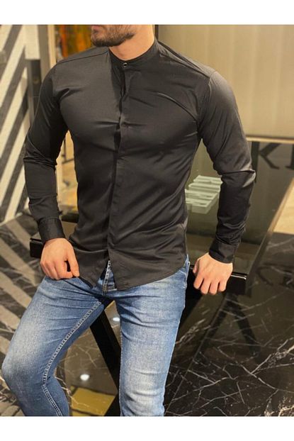 Ukdwear Erkek Siyah Ruff Slimfit Kesim Gizli Dugme Saten Gomlek Trendyol