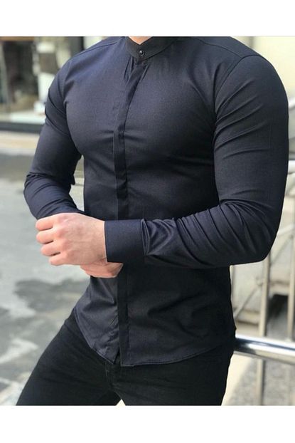 Ukdwear Erkek Siyah Ruff Slimfit Kesim Gizli Dugme Saten Gomlek Trendyol