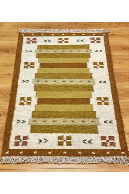 Sark Hali El Dokuma Sari Cift Tarafli Pamuk Yun Gabe Kilim Trendyol